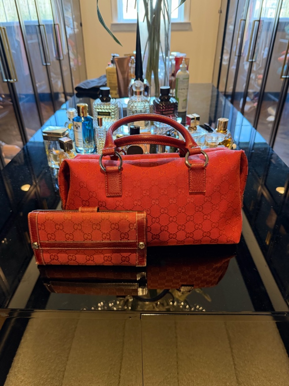 Vintage Gucci Red GG Canvas Handbag with Matching Wallet